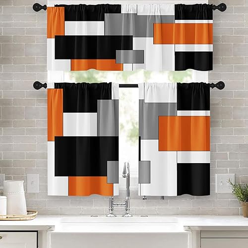 Juego de cortinas de ventana de cocina color naranja, negro, gris y blanco, moderno con bolsillo para cortinero, cortinas de estilo abstracto para