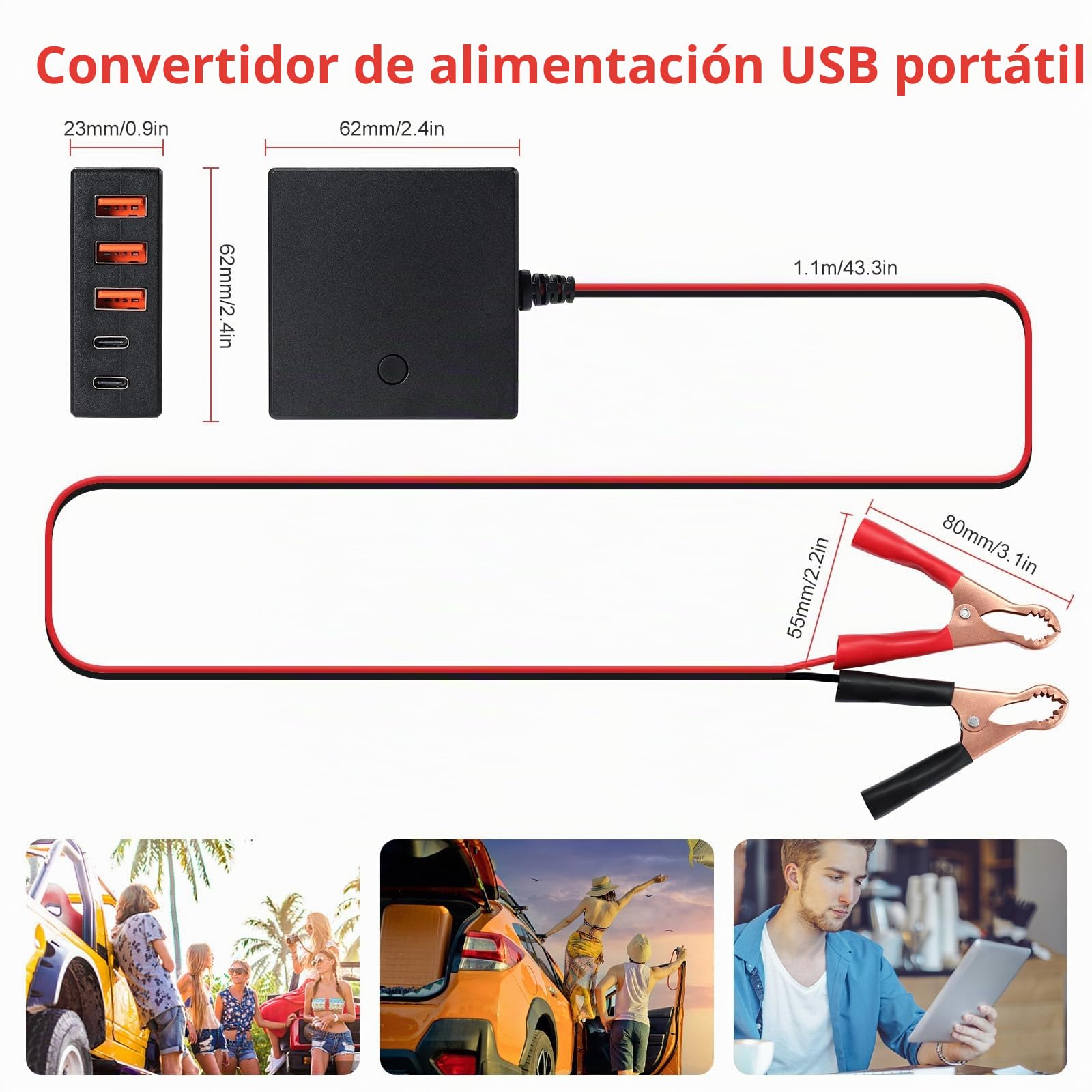 2.4A 60W DC 12V a 24V a 5V Convertidor de Corriente USB de 5 Puertos | 5 Puertos de Carga USB, Adaptador de Cargador de Coche, Con Clip de Batería, Para Teléfono