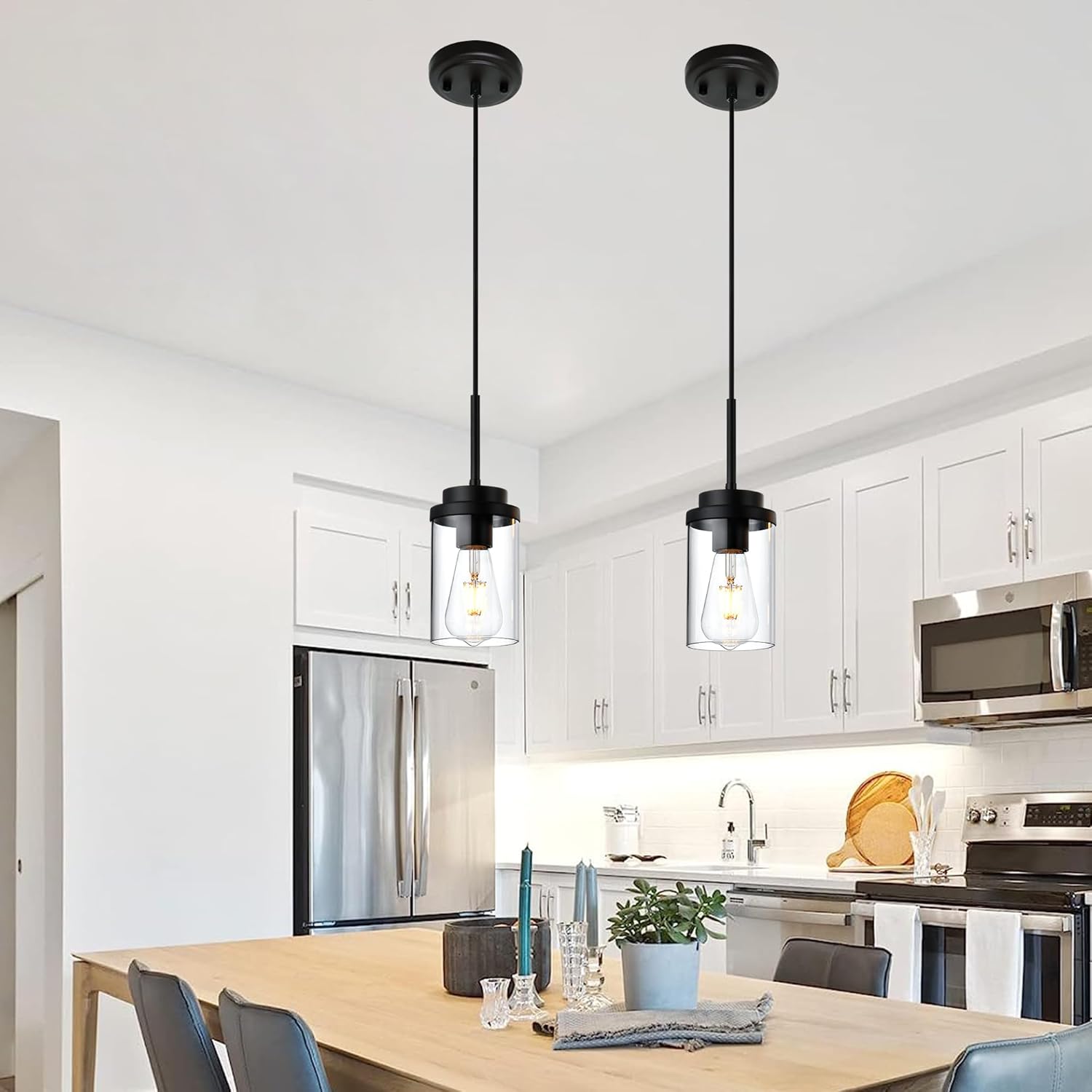 MELUCEE 2 Pack Pendant Lights for Kitchen Island Black Adjustable Hanging Ceiling Lamp with Clear Glass Shade, Industrial Glass Pendant Lights for Dining Table Hallway Bedroom Living Room