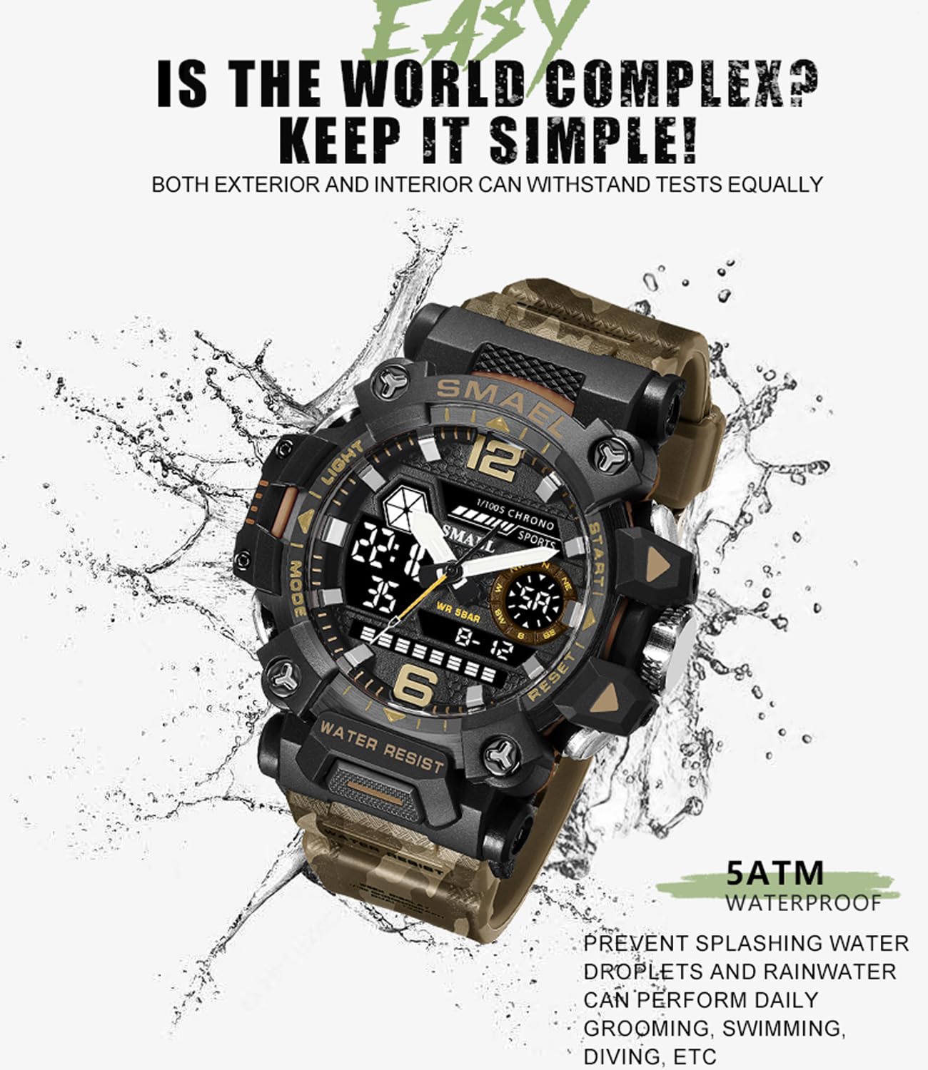 SMAEL Reloj de camuflaje militar para exteriores, LED, digital, impermeable, táctico, militar, deportivo, para hombre (camuflaje caqui 8072G), Camo Khaki-8072, Moderno, casual y deportivo