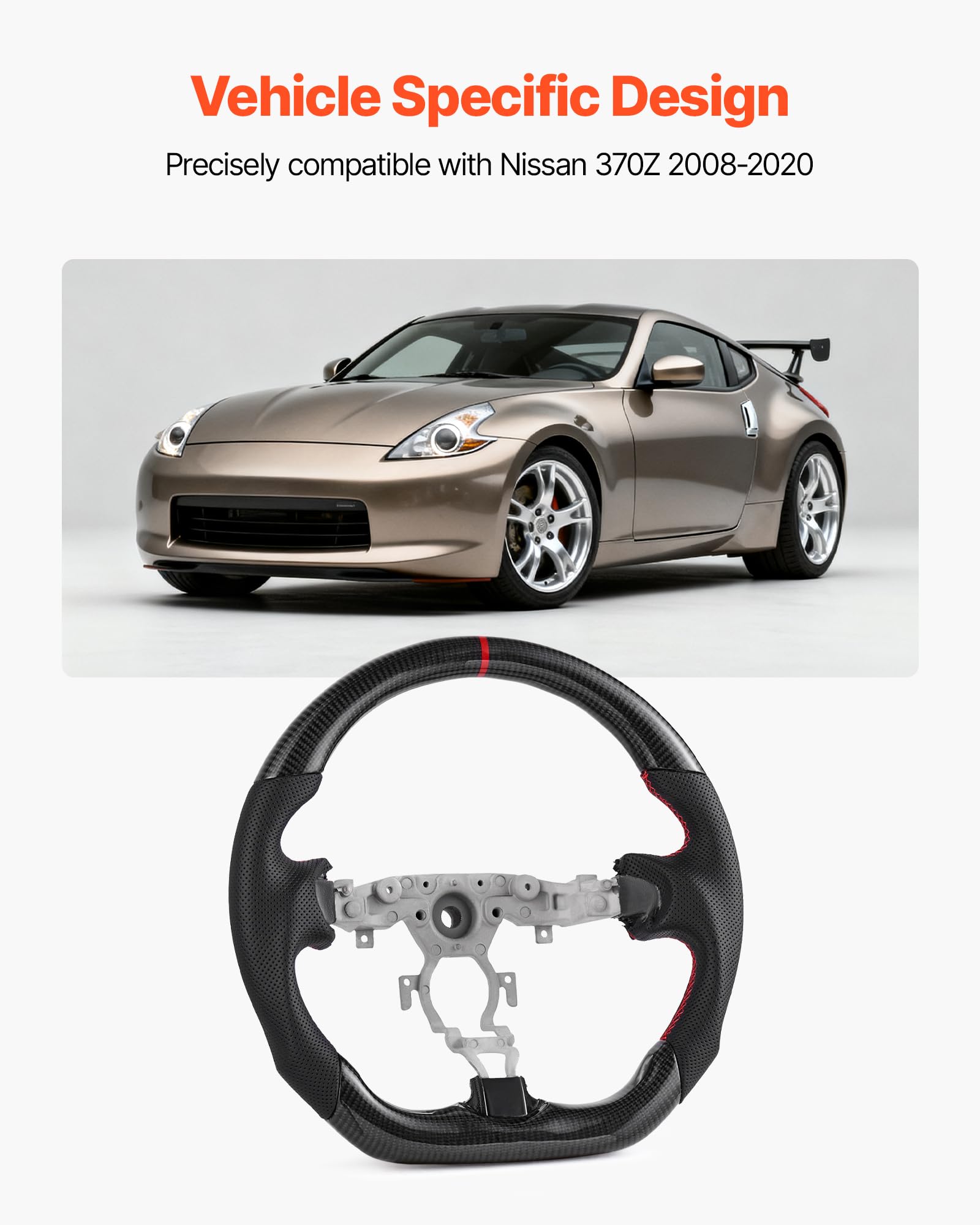 VEVOR Volant Compatible avec Nissan 370Z (2008-2020), Volant de Direction en Fibre de Carbone, Forme en D, Méplat, Poignée en Cuir avec Texture Antidérapante et Coutures Précises, Remplacement, Noir