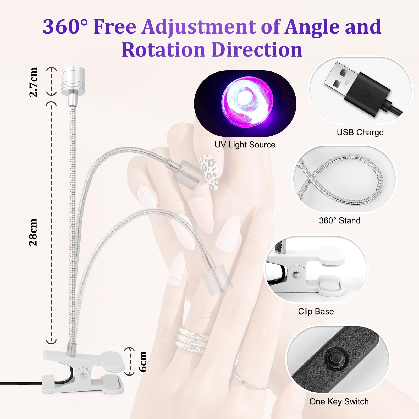 AiQInu Lampada UV LED Unghie, 3W Lampada Unghie Regolabile, Lampada UV Portatile per Gel con Clip, con USB (Argento)
