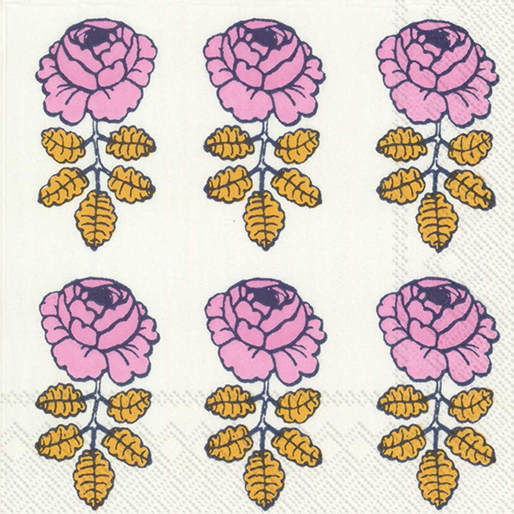 Boston International IHR Marimekko 20-Count Cocktail/Beverage 3-Ply Paper Napkins, 5 x 5-Inches, Vihkiruusu White