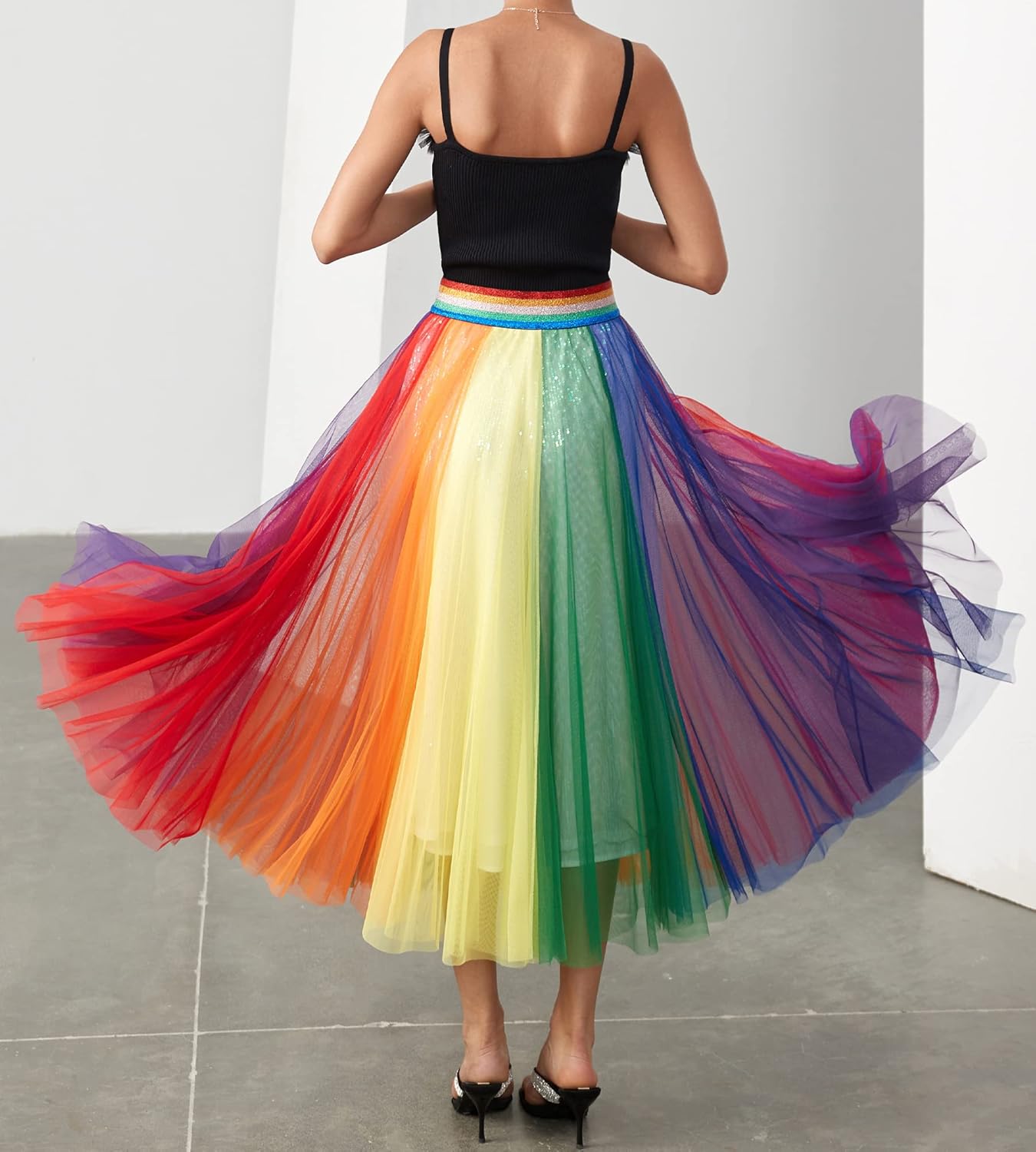 Women Pleated Long Tulle Skirt High Elastic Waist Swing Casual Midi Skirt - Image 3