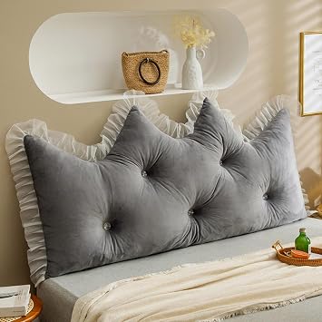 Wedge Headboard Pillow Large Velvet Backrest Pillows for Sitting in Bed Back Positioning Support Removable Daybed Bunk Bed Reading Pillow,Gray,Queen/59 inches