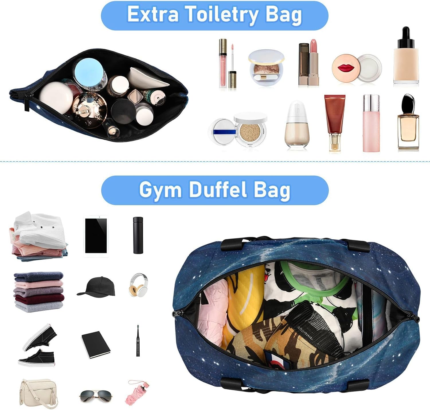 Fake Glitter Marble Grain Blue Universe Travel Bag Sports Gym Tote Bag with Toiletry Bag for Trekking Waterproof
