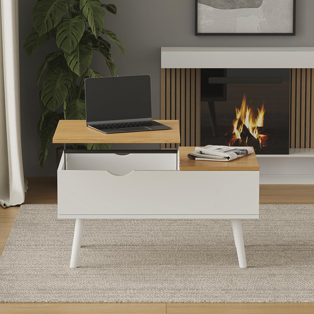 Vicco Couchtisch Stora, Weiß/Eiche, 76 x 45 cm | mit Liftfunktion, höhenverstellbarer Tischplatte und offenem Ablagefach