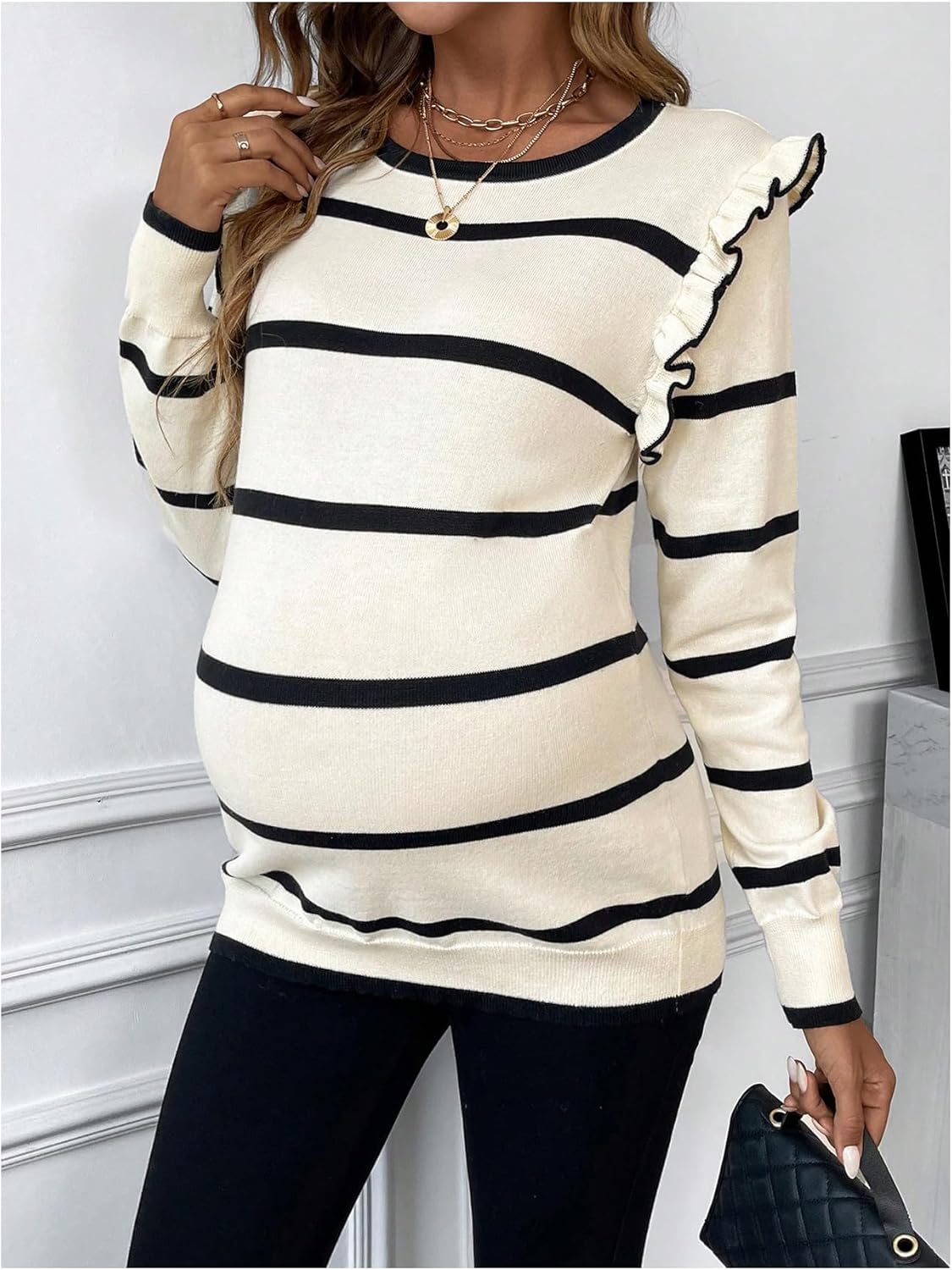Women's Maternity Sweater Striped Pattern Round Neck Long Sleeve Ruffle Tops - Image 5