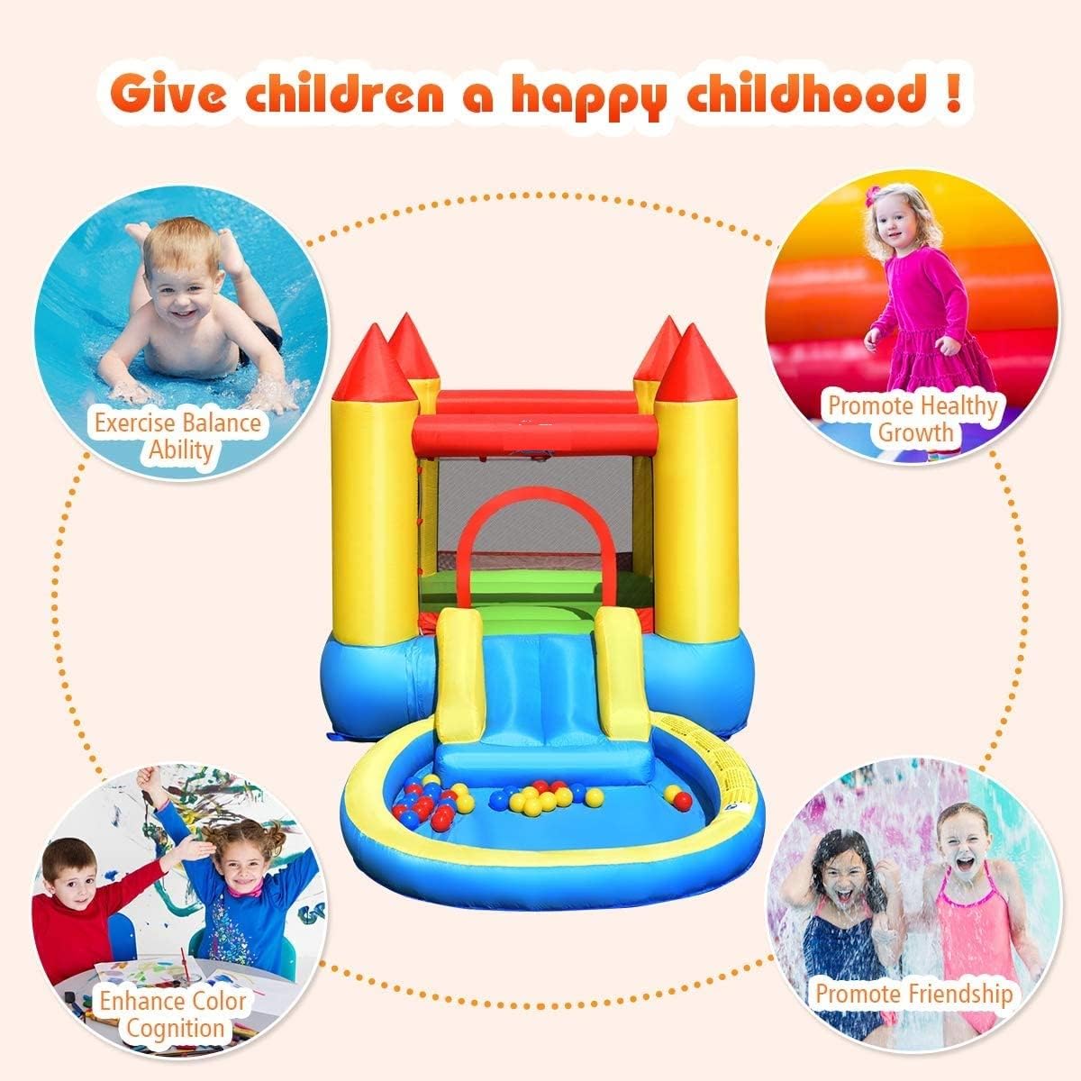 OLAKIDS Inflatable Water Slide, 4 in 1 Kids Bounce House with Slide, Splash Pool Large Bouncing Area Polyester Mesh, Indoor Outdoor Obstacle Course Jumping Castle with Carrying Bag Repairing Kit