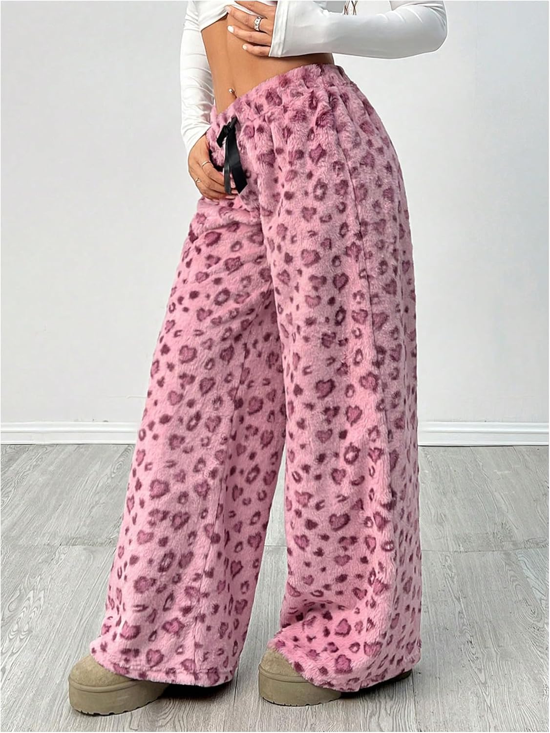 SHENHE Women's Fuzzy Leopard Print Pajama Pants Wide Leg Baggy Y2k Plush Lounge Trousers - Image 4