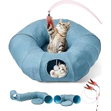 Odoland Cat Tunnel with Bed, Foldable Large Pet Donut Tunnel Bed in Linen, Interactive Cat Play Tunnel Toys with Ball for Indoor Cats, Kittens, Rabbit, Puppies - Blue