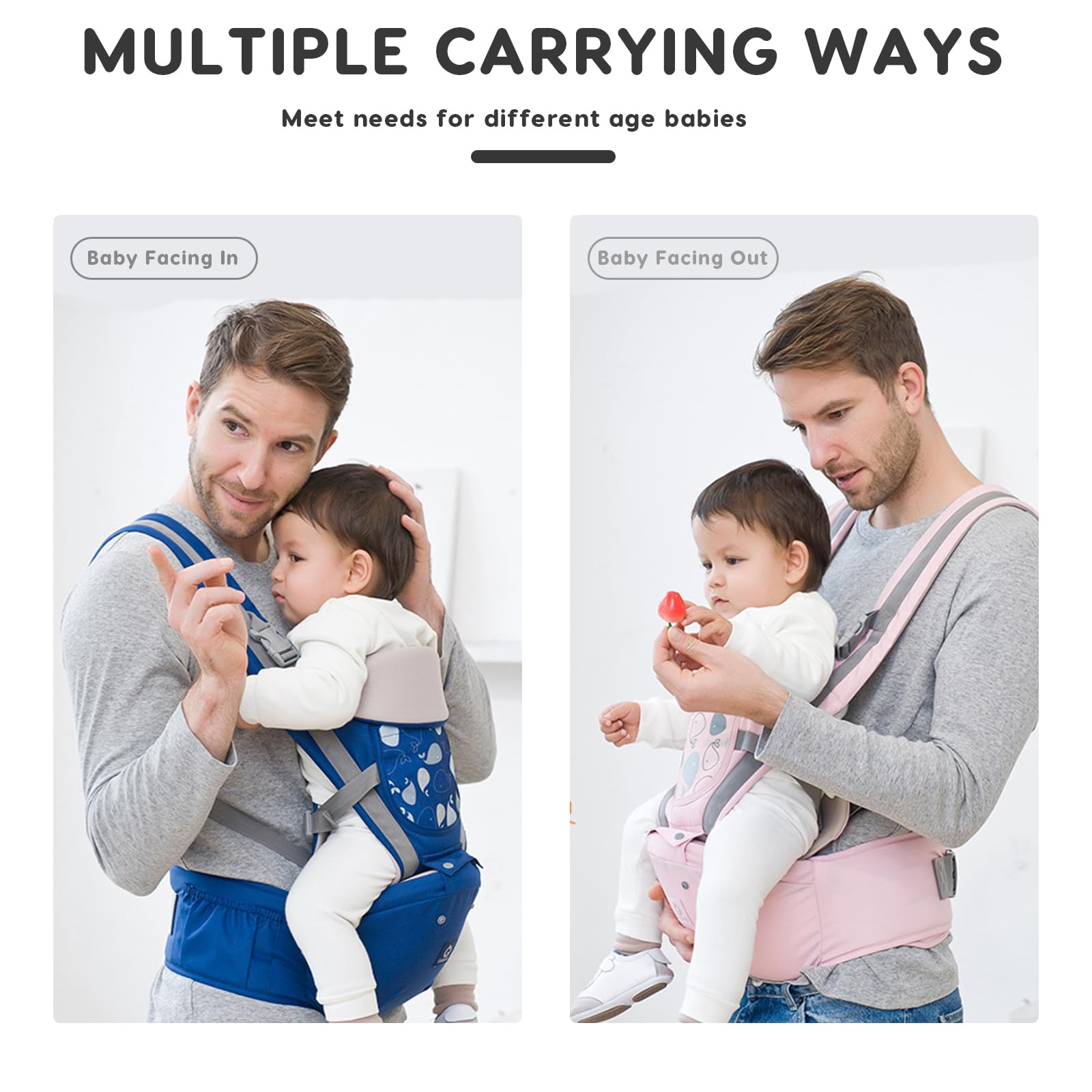 SONARIN Ergonomico 3 in 1 Marsupio Neonati con Sedile,Portantina Multifunzionale Traspirante Porta Bambino Fascia Porta Bebè Multi-Posizioni per Neonati Bambini 0-36 Mesi(Rosa)