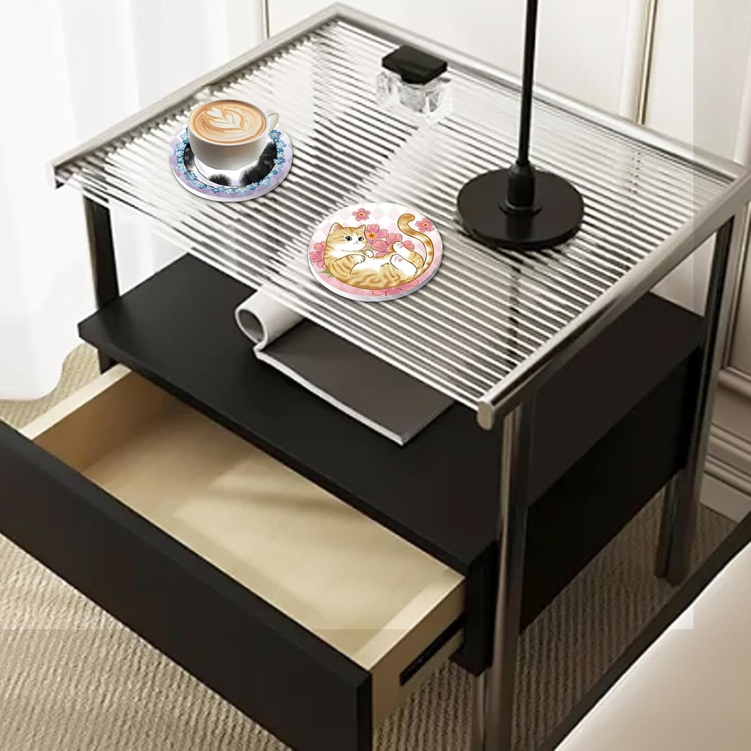 Coasters Absorbent Ceramic Coaster Drink Coasters with Cork Back Lazy Cats Set of 6 Round Coaster Non Slip for Coffee Table Wine Glass Home Bar 4 Inch, Cute - Image 5