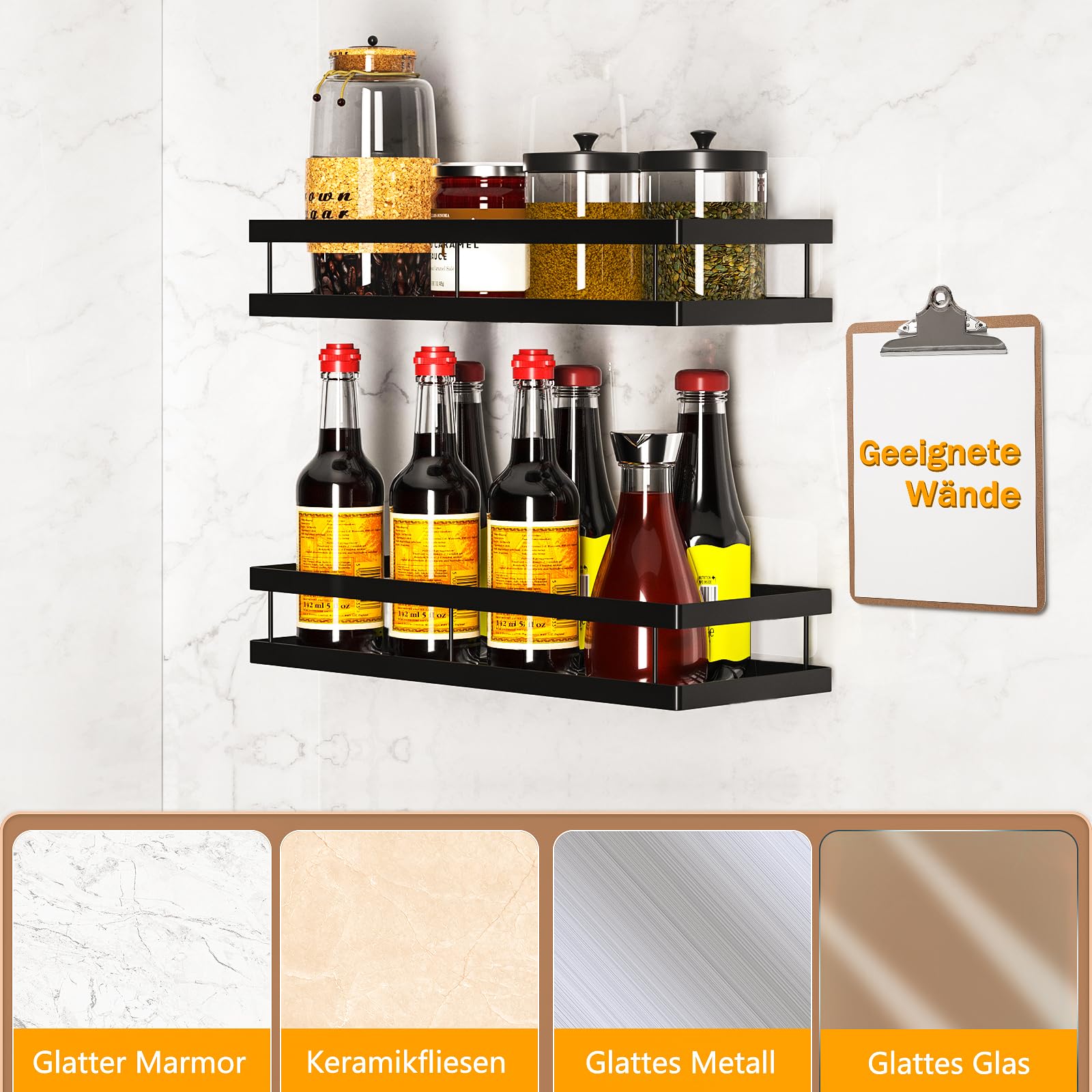 Scaffale Portaspezie Da Parete Senza Foratura - Metallico, 30x12cm, Portata 10kg - Foto 5