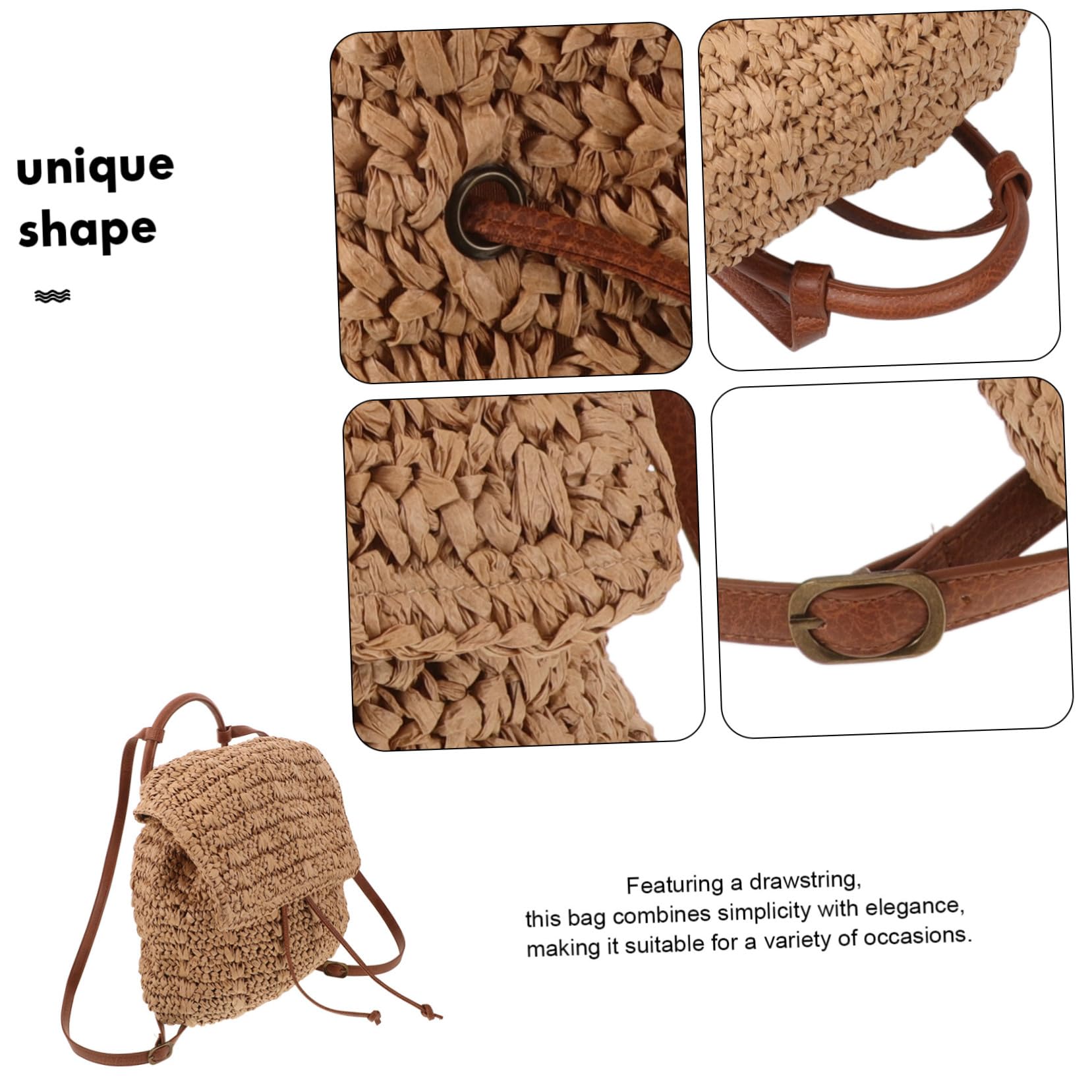Mochila De Paja Tejida Para Mujer Estilo Bohemio Con Cordón Ajustable Bolso De Verano Para Playa y Ocio Color Marrón Claro Tamaño Mediano