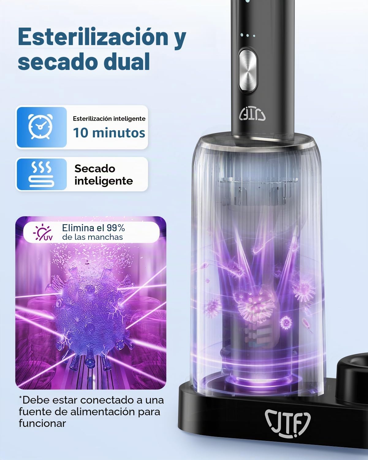 JTF Cepillo de Dientes Eléctrico Sónico con Limpieza y Secado UV, Estación de Carga Inalámbrica, 5 Modos de Limpieza, 6 Cabezales de Repuesto, Vaso Incluido y Resistente al Agua IPX7 (Negro)