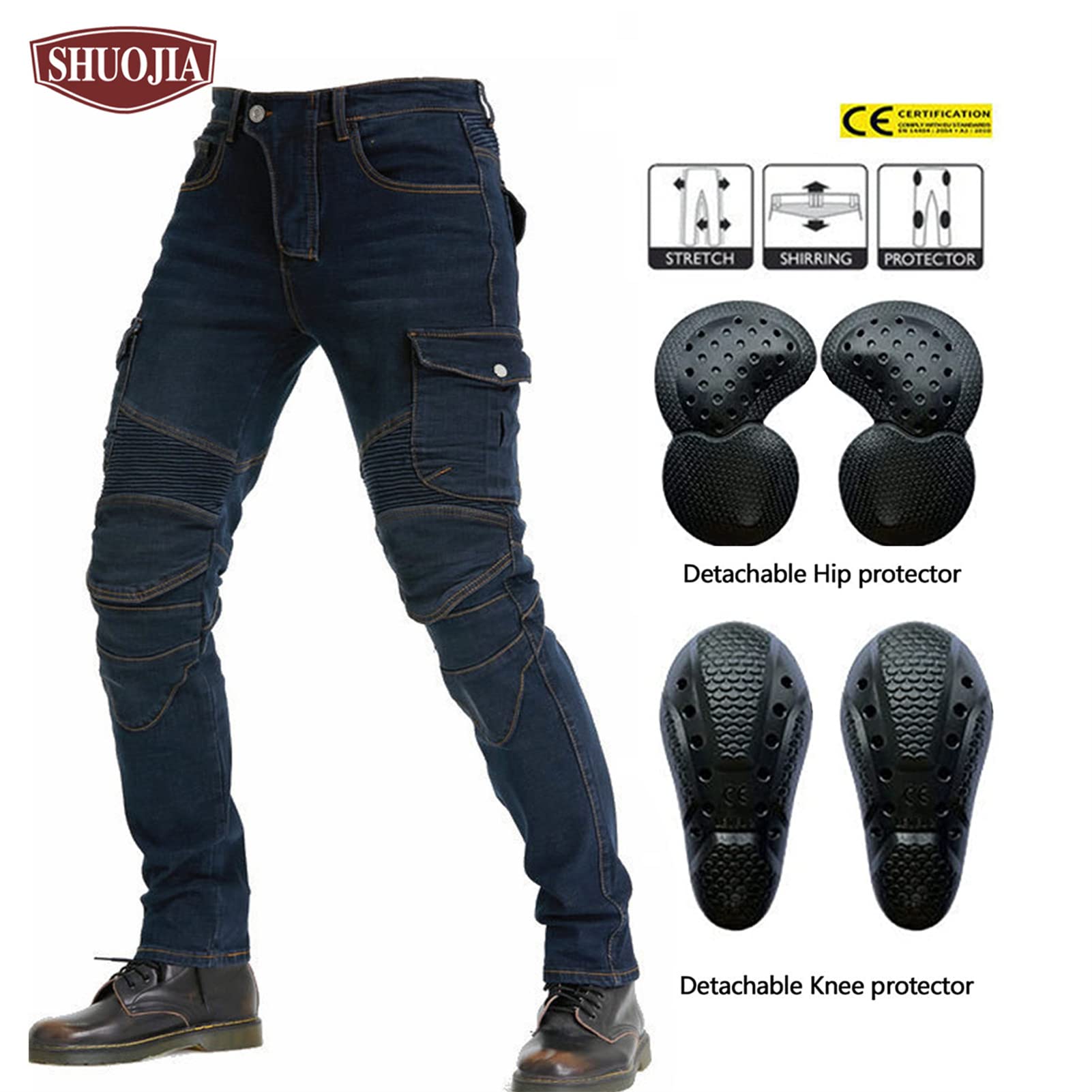 Donna E Da Uomo Pantaloni Da Moto,Motorcycle Jeans Stretch Biker Anti-Caduta Motociclista Pantalone Multitasche Con 2 Protezioni Ginocchia E 2 Protettori Anca (Style-6,XS)