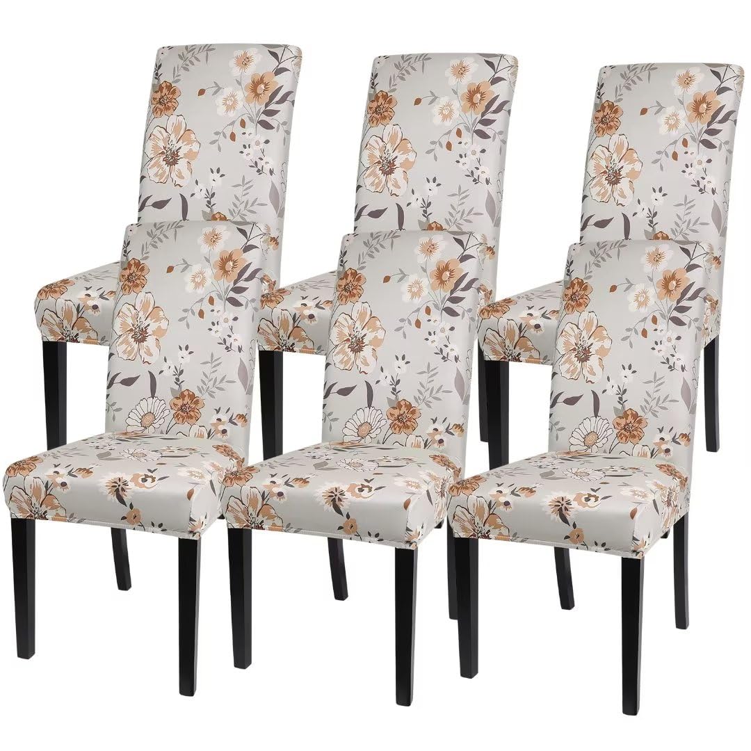 SearchI Printed Dining Room Chair Covers Set of 6, Stretch Kitchen Chair Covers Washable Parsons Chair Slipcover Removable Dining Chair Protectors for Hotel,Ceremony(Brown Floral)