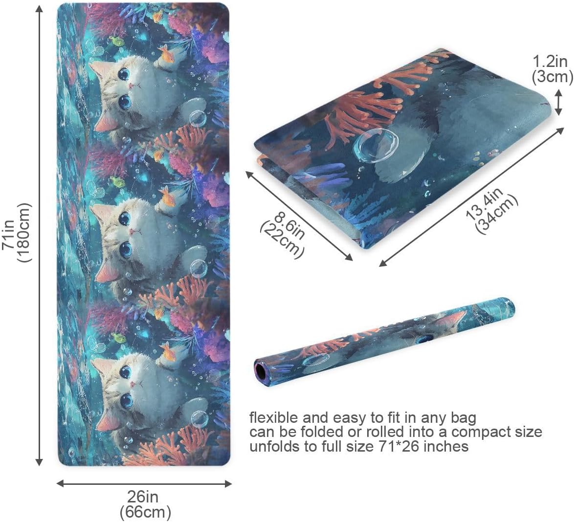 ALAZA Cute Cat Undersea Yoga Mat Non Slip Fitness Exercise Mat, Workout Mat for Yoga, Pilates and Floor Exercises