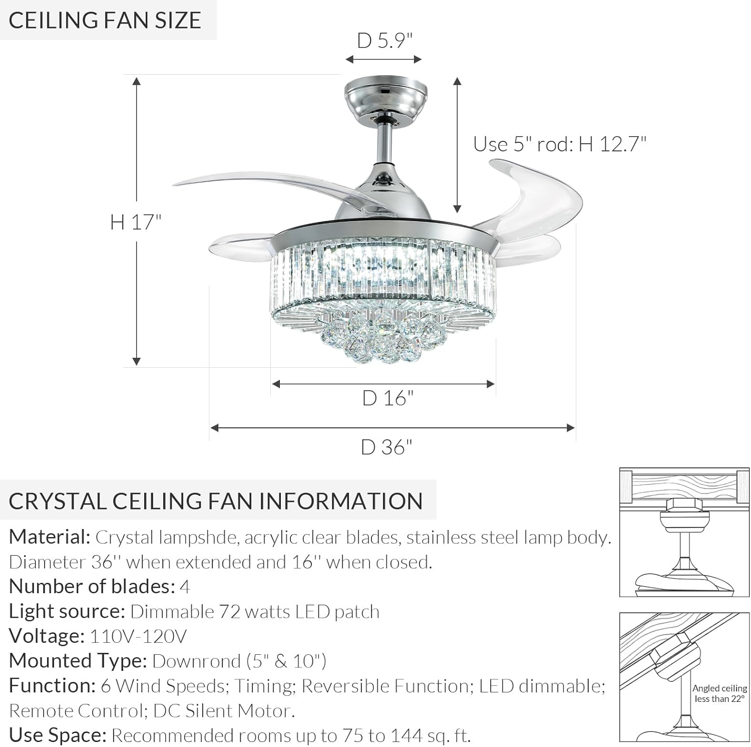 Diagram showing dimensions of the NOXARTE 36 Inch Crystal Ceiling Fan