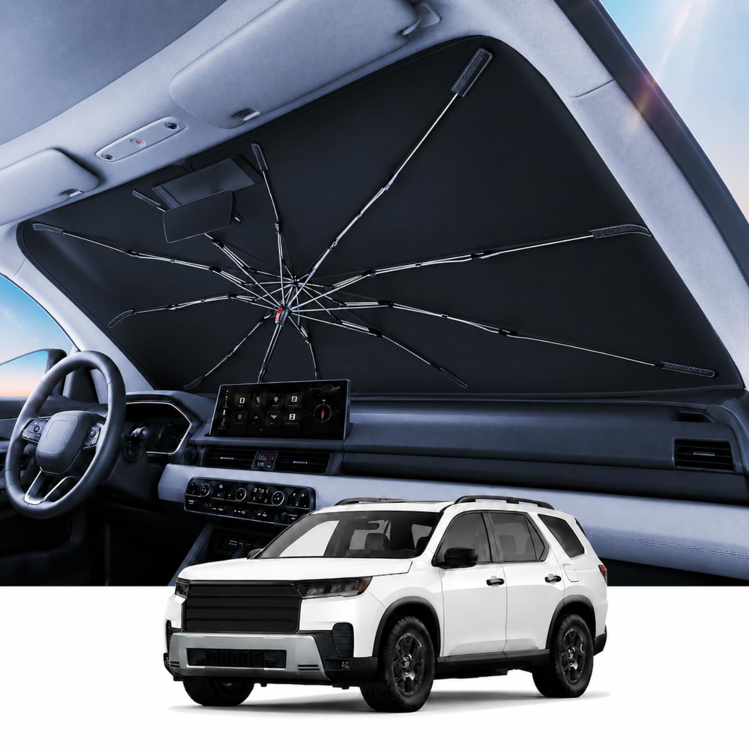 REEVAA Pare-soleil amélioré pour pare-brise [100 % de protection solaire et garde au frais] Protège l'intérieur, poignée flexible à 360 ° pour Honda, Chrysler, Toyota, K13