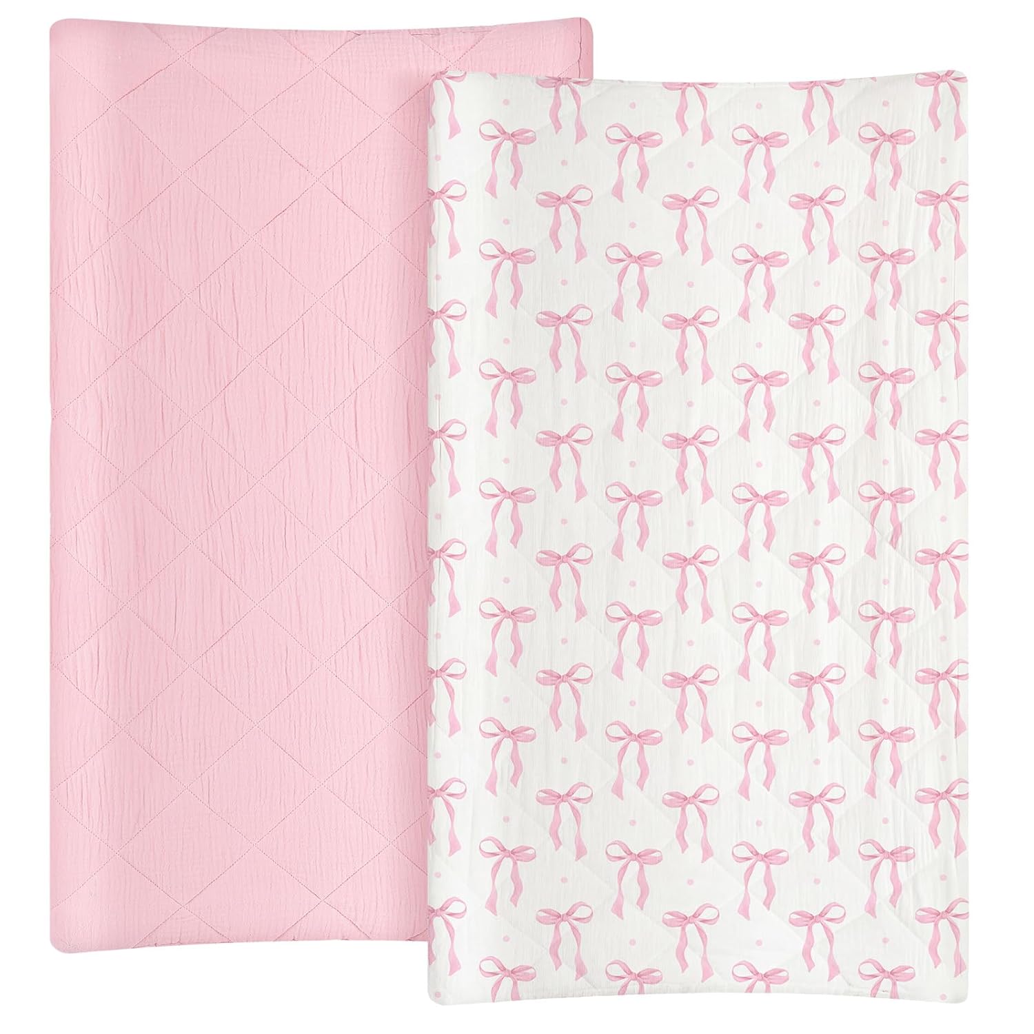 Frienda 2 Pack Pink Bow Waterproof Muslin Changing Pad Covers 32 x 16 Inch Coquette Quilted Cotton Fitted Diaper Covers Breathable Extra Thick Changing Pad Sheets for Girls