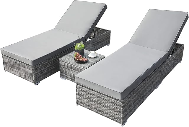 MAMIZO 3 PCS Rattan Recliner Sun Lounger Set, Adjustable Garden Sunlounger Patio Reclining Chair Garden Outdoor Day Bed with 5 Adjustable Backrest, 8cm Thick Cushion and Coffee Table (Grey)