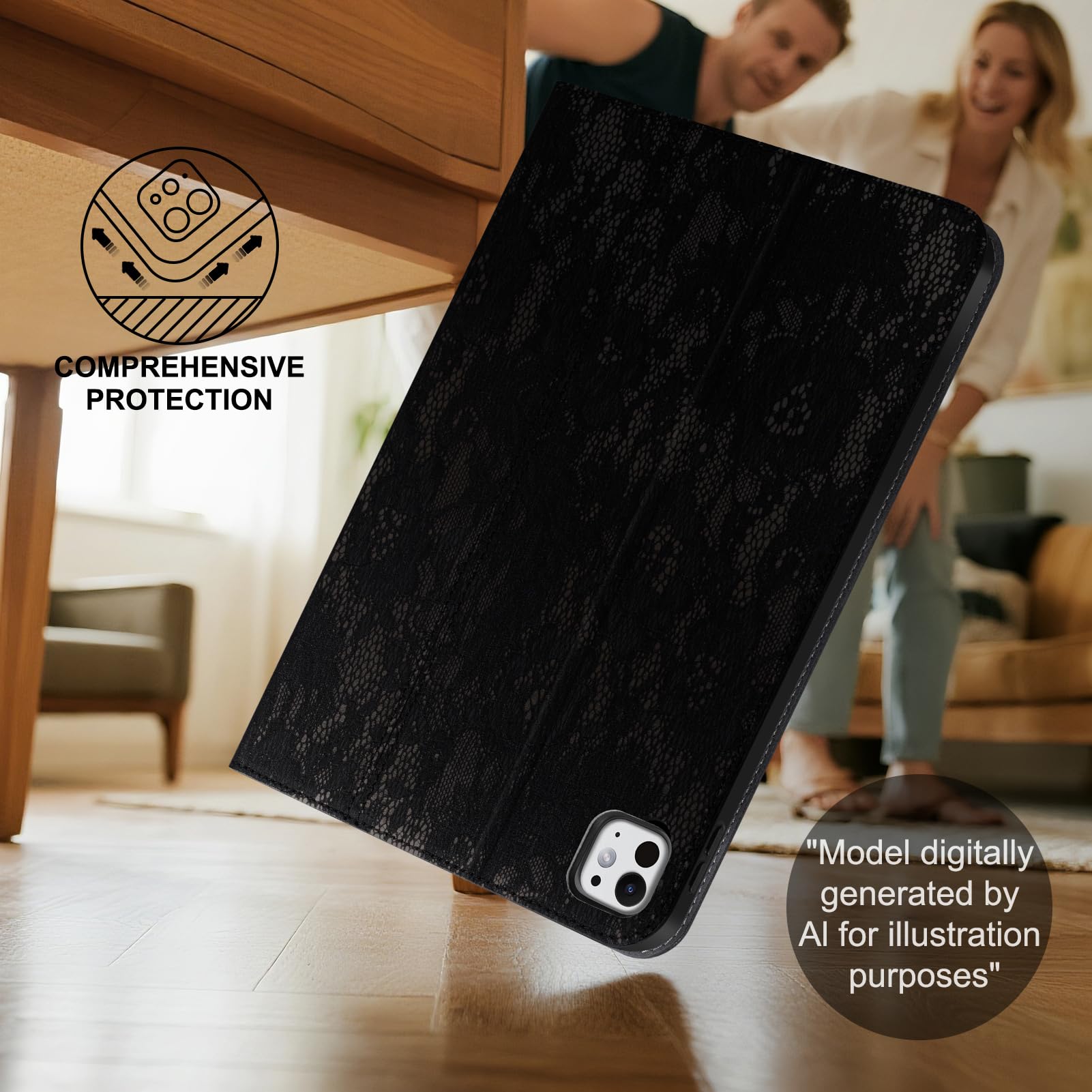 Lederhülle für iPad Pro 11 Zoll (M5/M4) 2025/2024, Vollnarbenleder, Schutzhülle Smart Folio mit Auto Sleep/Wake, rutschfest, Schwarz / Silber