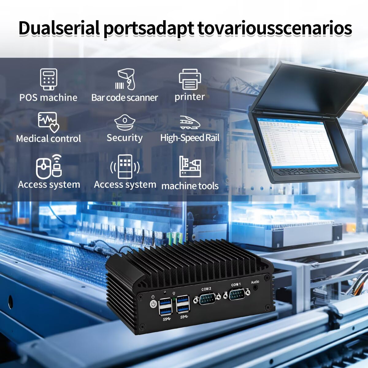 Industral Mini PC Fanless Low Power N100, Micro Embedded PC DDR4 0GB RAM 0GB SSD Barebone, WIFI/BT, Small Box Computer with 2 x RS232/422/485 COM, 2 x GbE LAN
