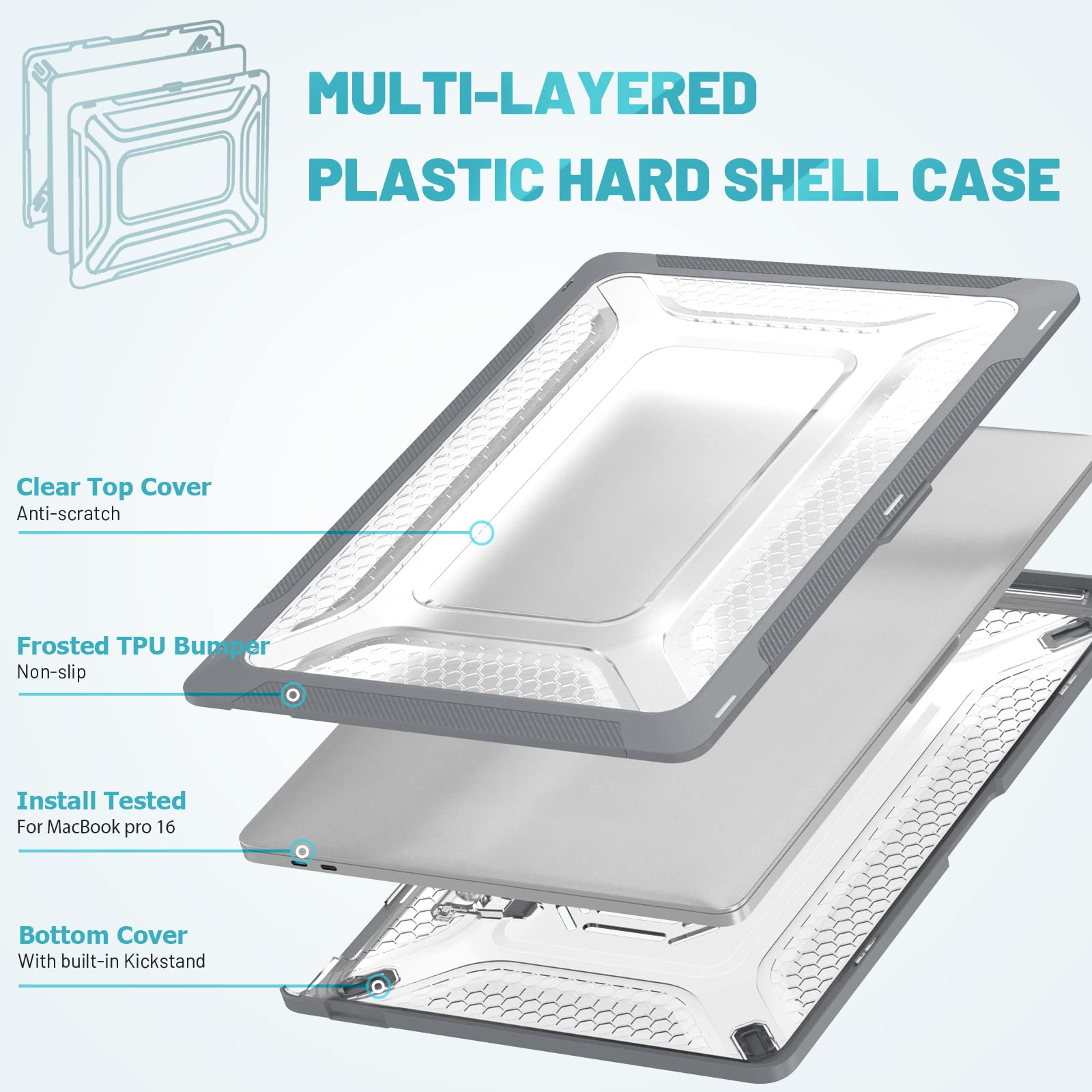 Custodia Hybird compatibile per MacBook Pro 16" 2019, guscio rigido classico in PC a nido d'ape + custodia in TPU con cavalletto pieghevole