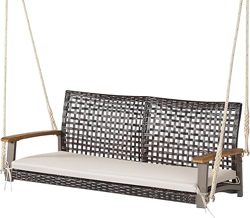 Happygrill Silla oscilante de ratán para porche de 2 asientos, banco oscilante de mimbre para exteriores con cojín de asiento y reposabrazos de
