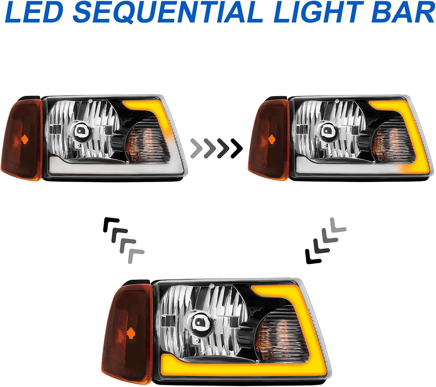 Headlight Assembly Fit For 2001-2011 Ford Ranger w/LED DRL Sequential Turn Light 01-11 Ranger with Corner Lights Headlamp Driver And Passenger Side (Black Housing Amber Reflector)