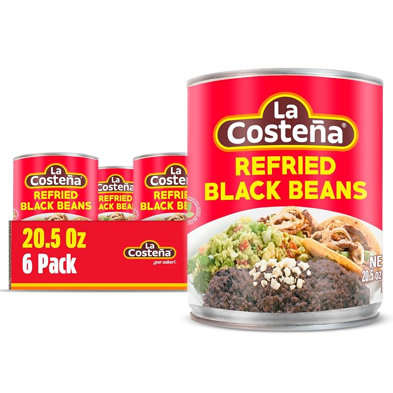 La Costeña Refried Black Beans - Ready-to-Eat Canned Refried Beans for Mexican Food, Mexican Rice, Nacho Bean Dip, Bean Burrito, Burger, Carne Asada, Fajita & Taco Seasoning - 20.5oz, 6 Pack Cans