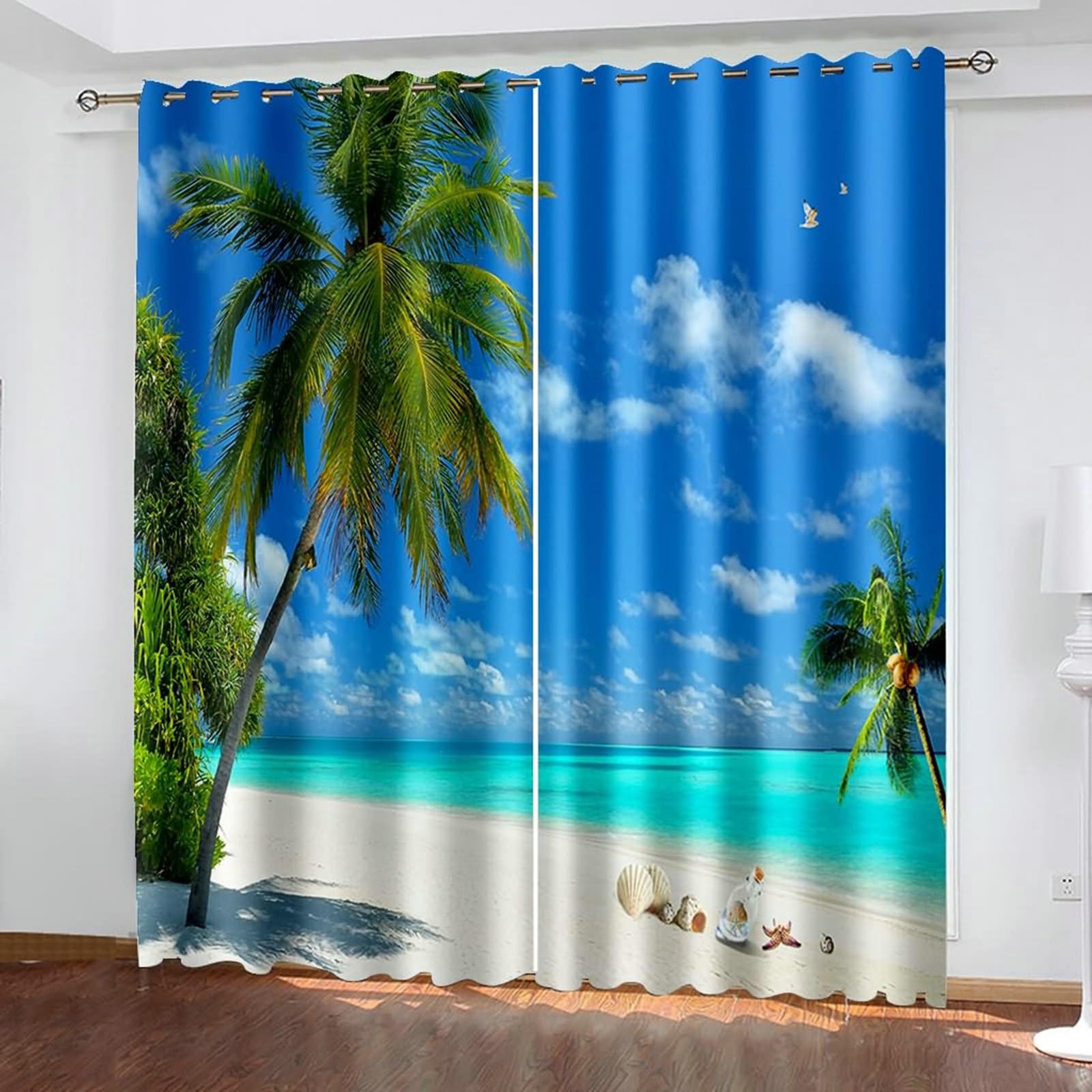 Gualiy Thermo Vorhänge 2er Set Ösen, Vorhänge 86x160 Palmen und Muschel Landschaft am Strand Vorhang Gardine Blickdicht