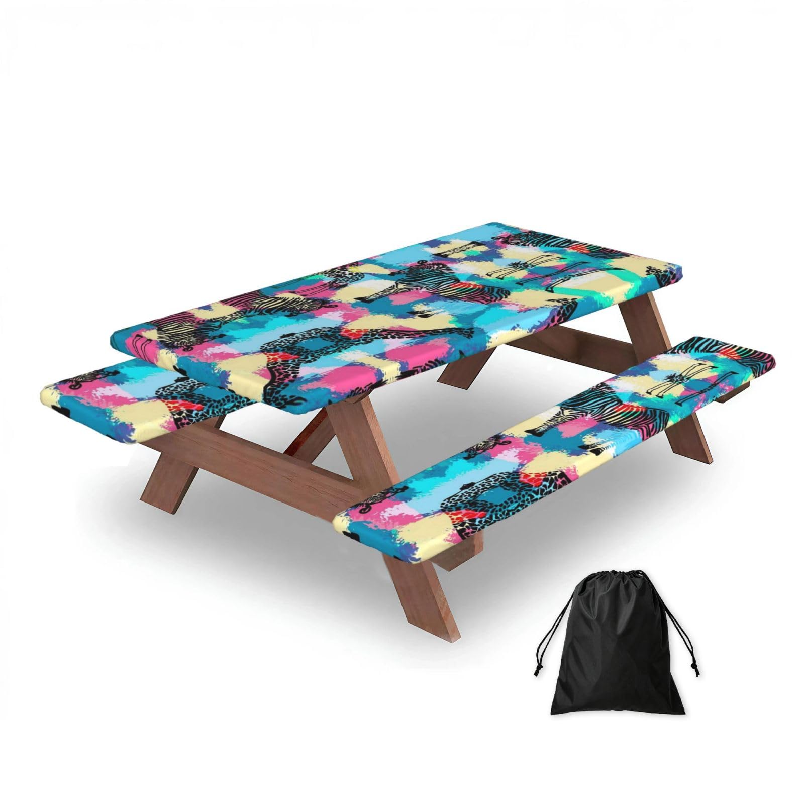 ESNAIUVCD Colored Zebra Print Picnic Table Cover With Bench Covers,Camping Essentials,Fitted Tablecloth Cover With Elastic Edge, For Indoor & Outdoor 3 Pcs