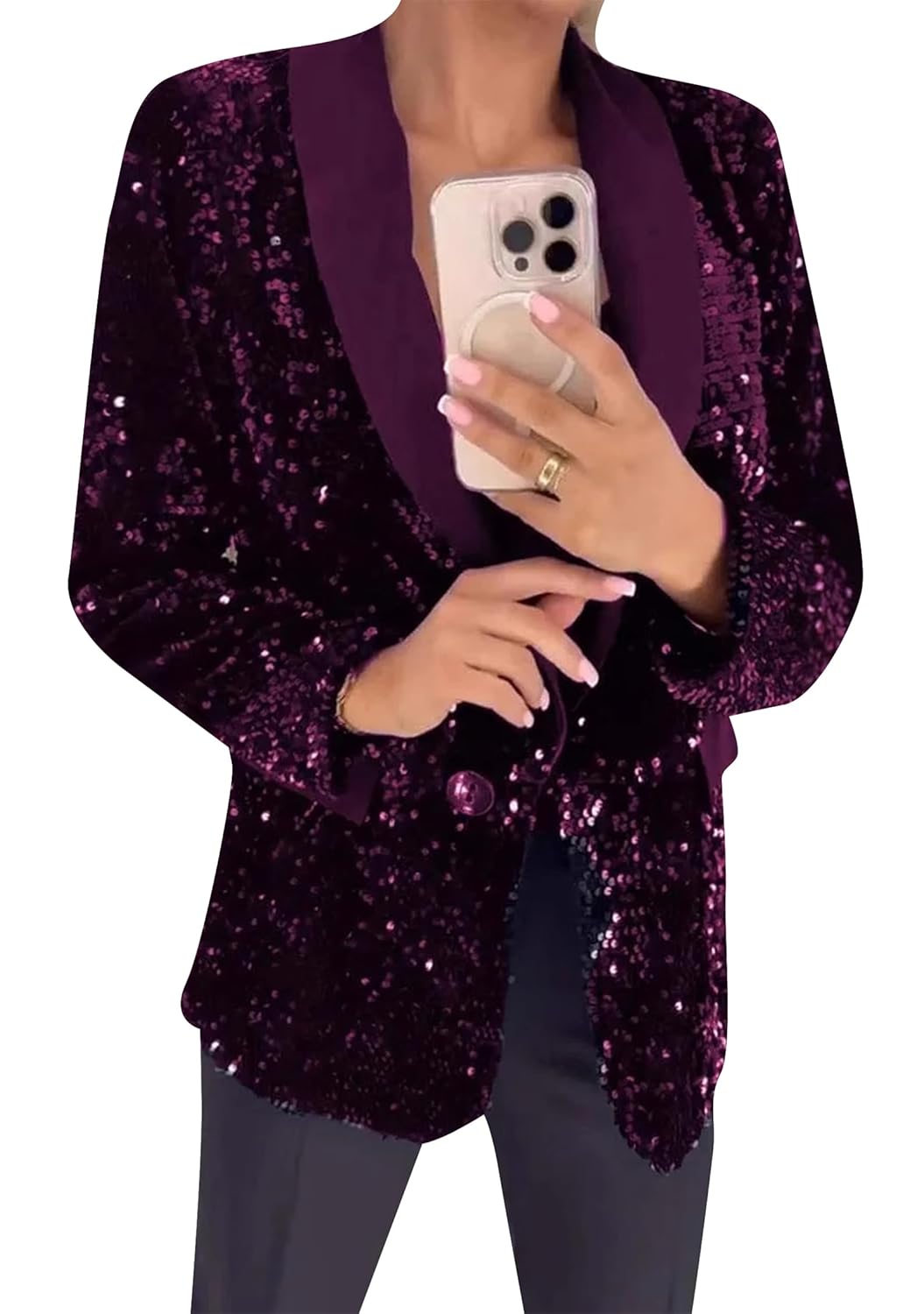DIACACY Womens Shiny Sequin Blazer Open Front Long Sleeves Single Button Blazers Slim Casual Business Office Outfit