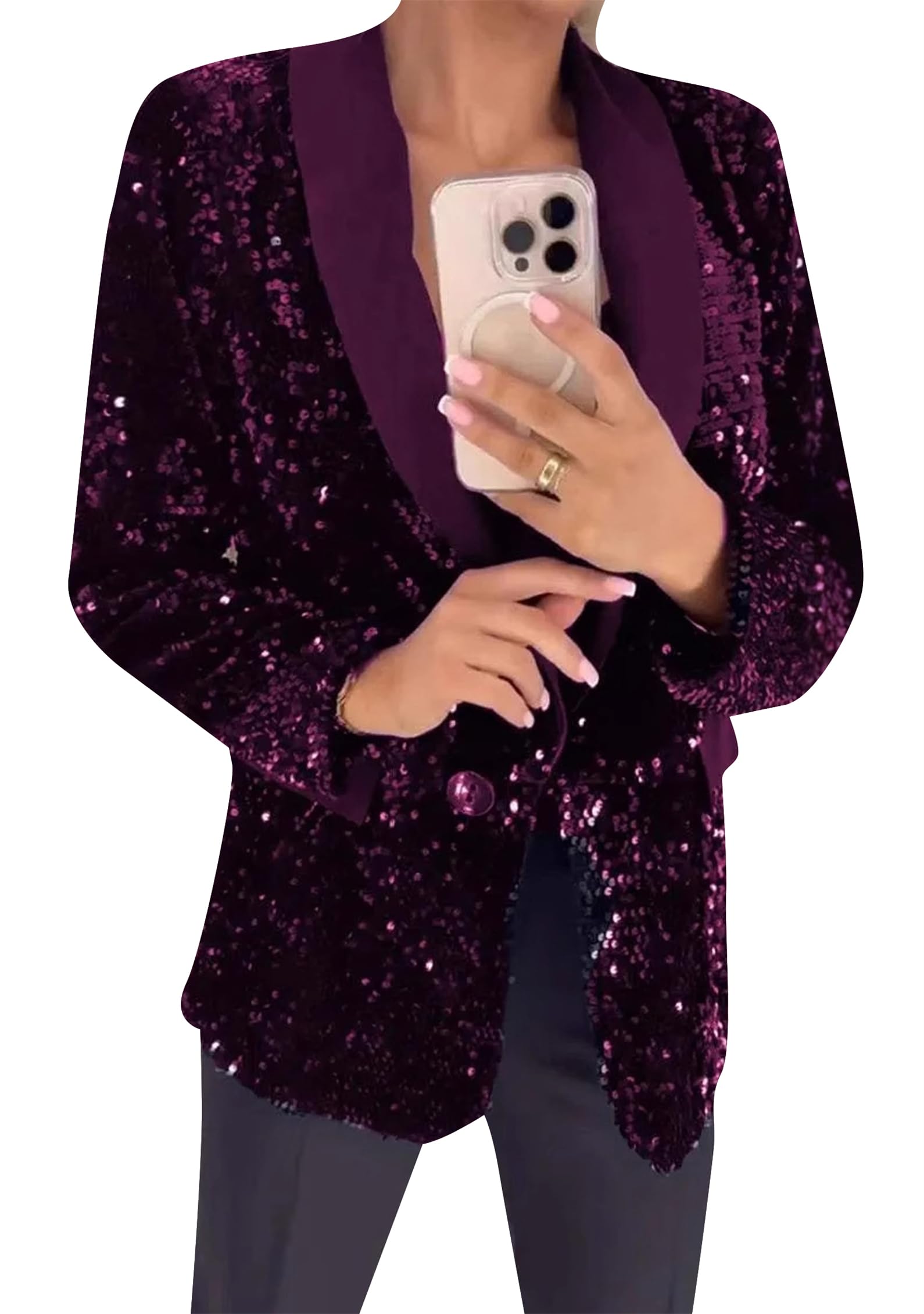 DIACACY Womens Shiny Sequin Blazer Open Front Long Sleeves Single Button Blazers Slim Casual Business Office Outfit