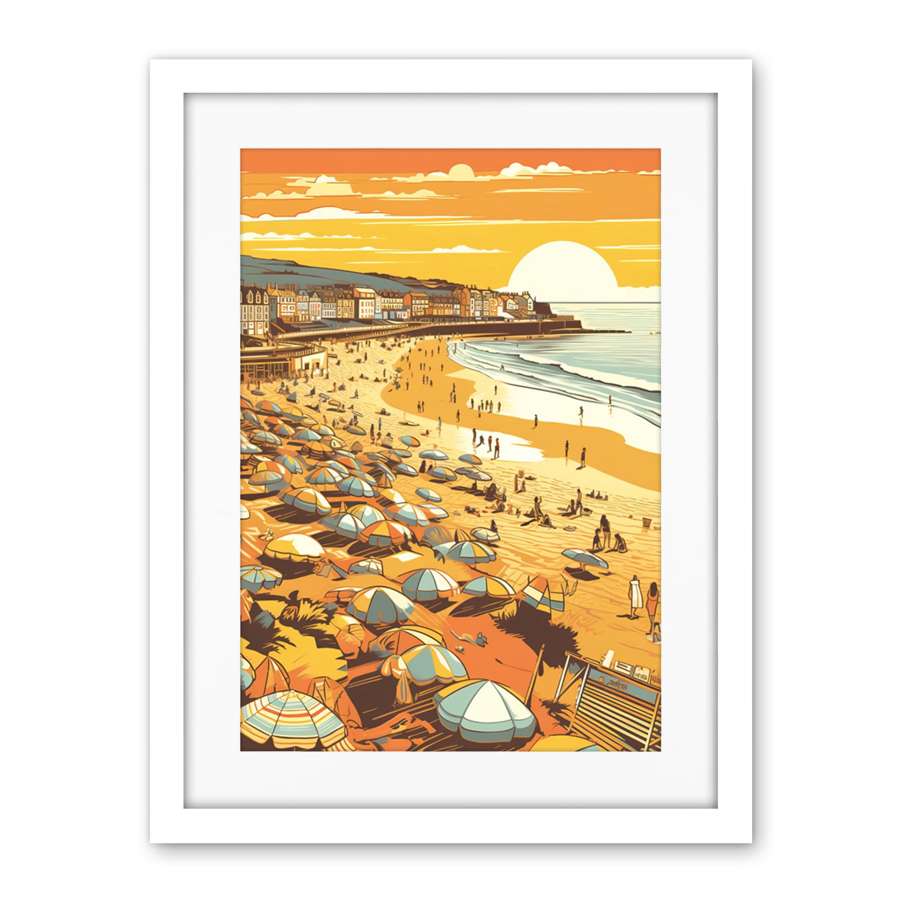 Artery8 Summer Sunset at Busy Sandy Promenade Beach Artwork Framed Wall Art Print 18X24 Inch