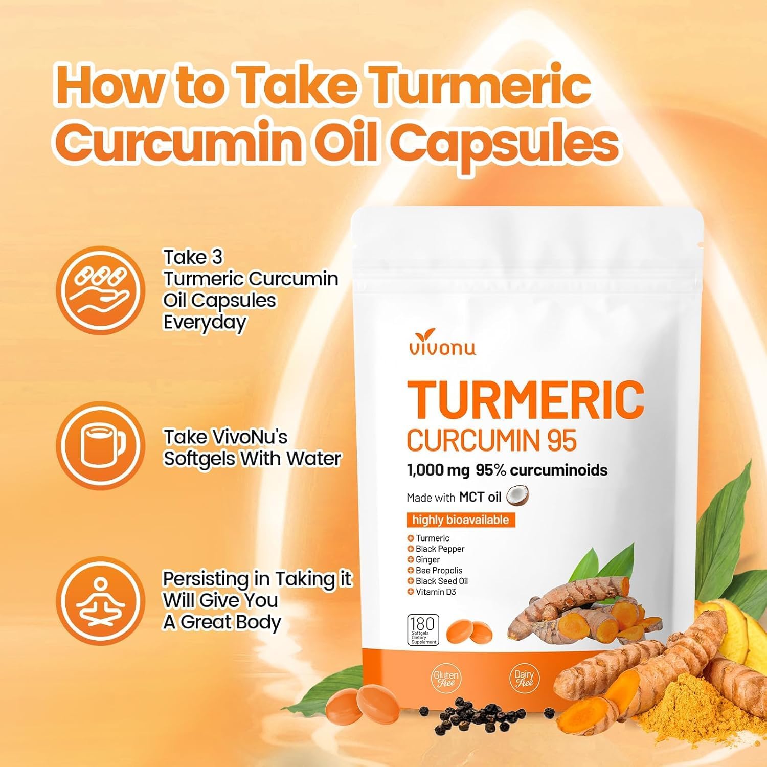 10-in-1 Turmeric Supplement Softgels, 95% Curcumin for 1000mg, Made Mct Oil, 60-Day Supply with Black Pepper, Ginger, Propolis Powder, Black Seed Oil, Saw Palmetto Oil, Zinc, Vitamin D3, E & More - Image 6