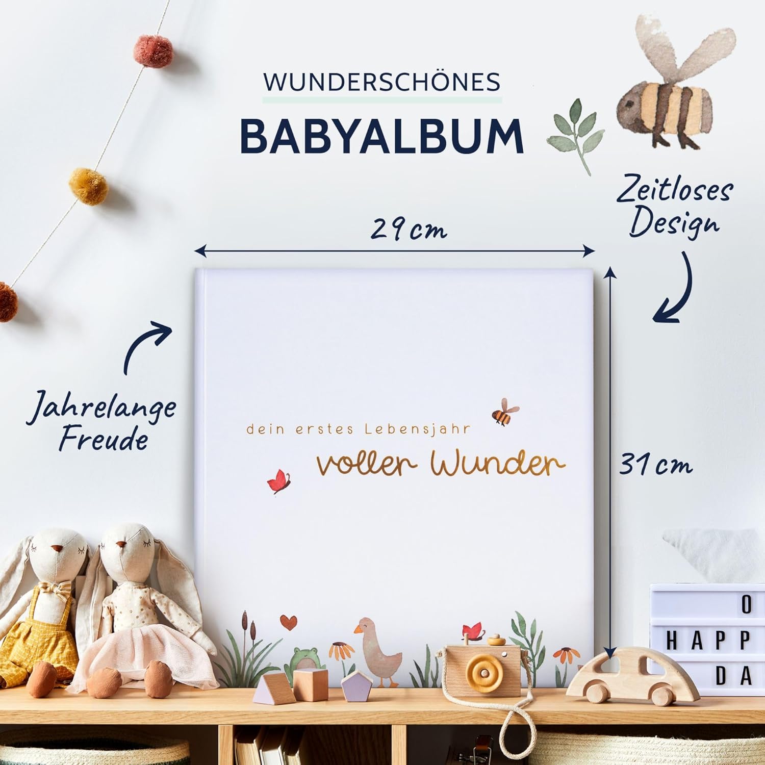 goldbuch 15 513 Baby Album Full of Wonder Meadow with Flower Motif, Linen Texture Photo Album with 58 White Blank Pages, Glassine & 4 Illustrated Pages, Baby Album, Paper, Approx. 30 x 31 x 4 cm,