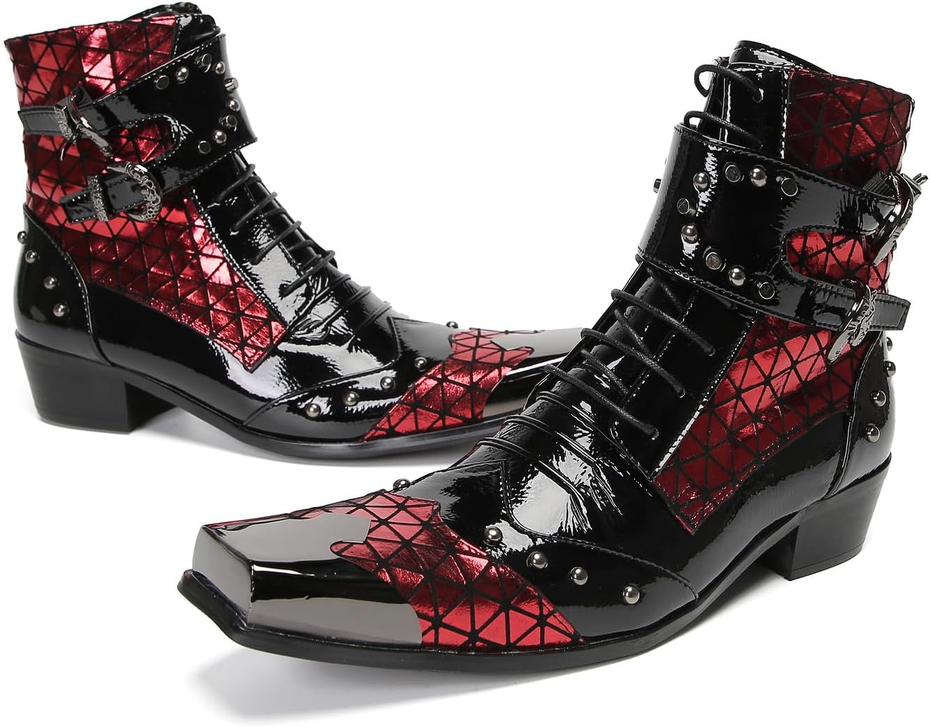 Santimon Men's Leather Western Cowboy Boots - Dress Casual Metal-Square Toe Oxfords Ankle Boots with Zipper & Double Buckle for Party Disco & Ballroom