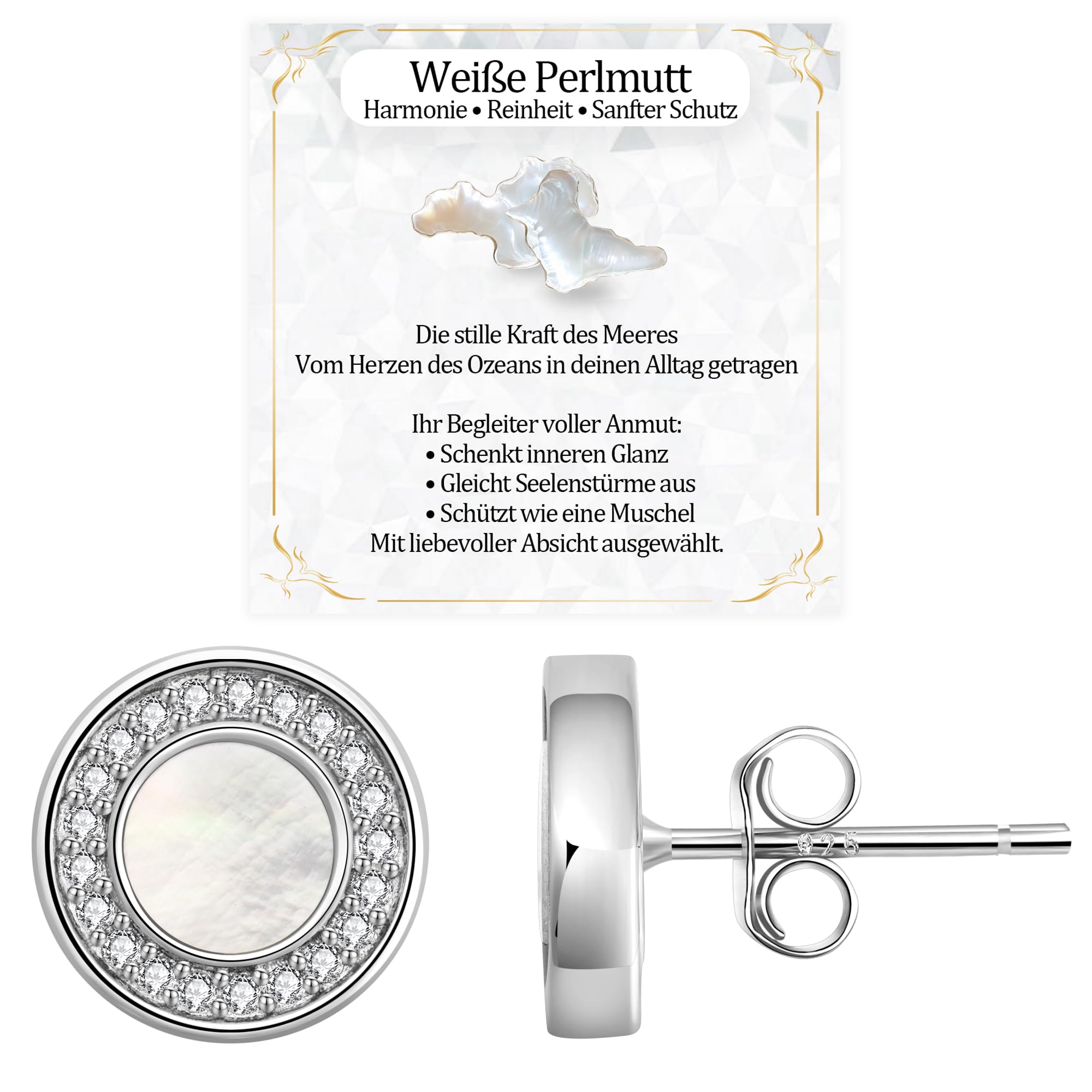 JANDY SHINE Weiße Perlmutt/Schwarzer Onyx Ohrringe für Damen 925 Sterling Silber Hypoallergene Natürlicher Edelstein Ohrstecker mit 5A Zirkonia, 10mm Durchmesser