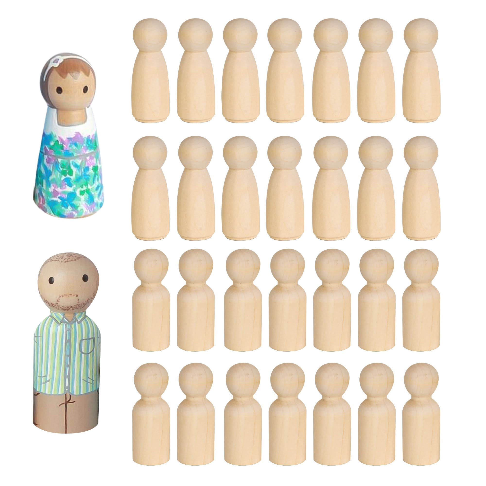 WENLISELL 30 PCS Wooden Peg Dolls 90mm, Unfinished Wooden People Figures, 15 Male 15 Female Plain Blank Doll Bodies for Painting, DIY Craft Art Projects