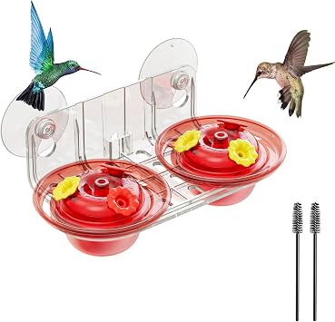 Window Hummingbird Feeder with Strong Suction Cups, 2 Pack 2.6 oz Small Hummingbird Feeder for Outside Window, Easy to Clean & Refill, Bee Resistant Feeding Ports for Bird Watching Red