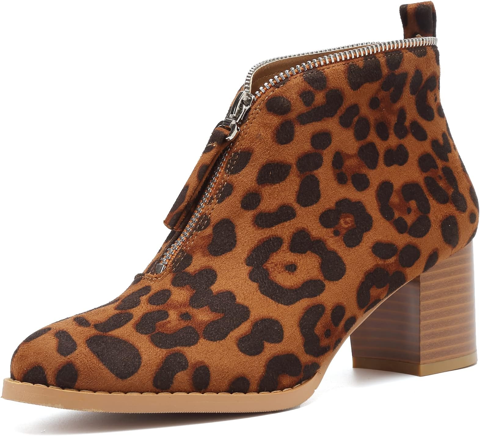 SNIDEL Ankle Boots for Women Chunky Heels Suede Booties Low Heel Shoes Casual Leopard Dress Boots with Zippers…