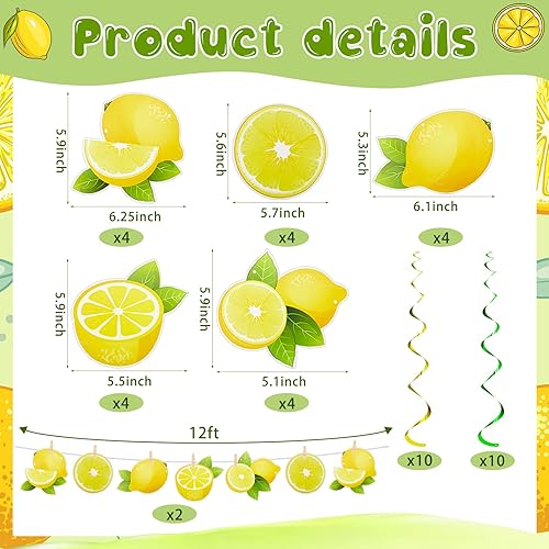 Miniatura 2 de Lewtemi 22 piezas de decoración de fiesta de limón, incluye 2 carteles de limón limonada cítrica, 20 limonadas colgantes de limonada de limón,