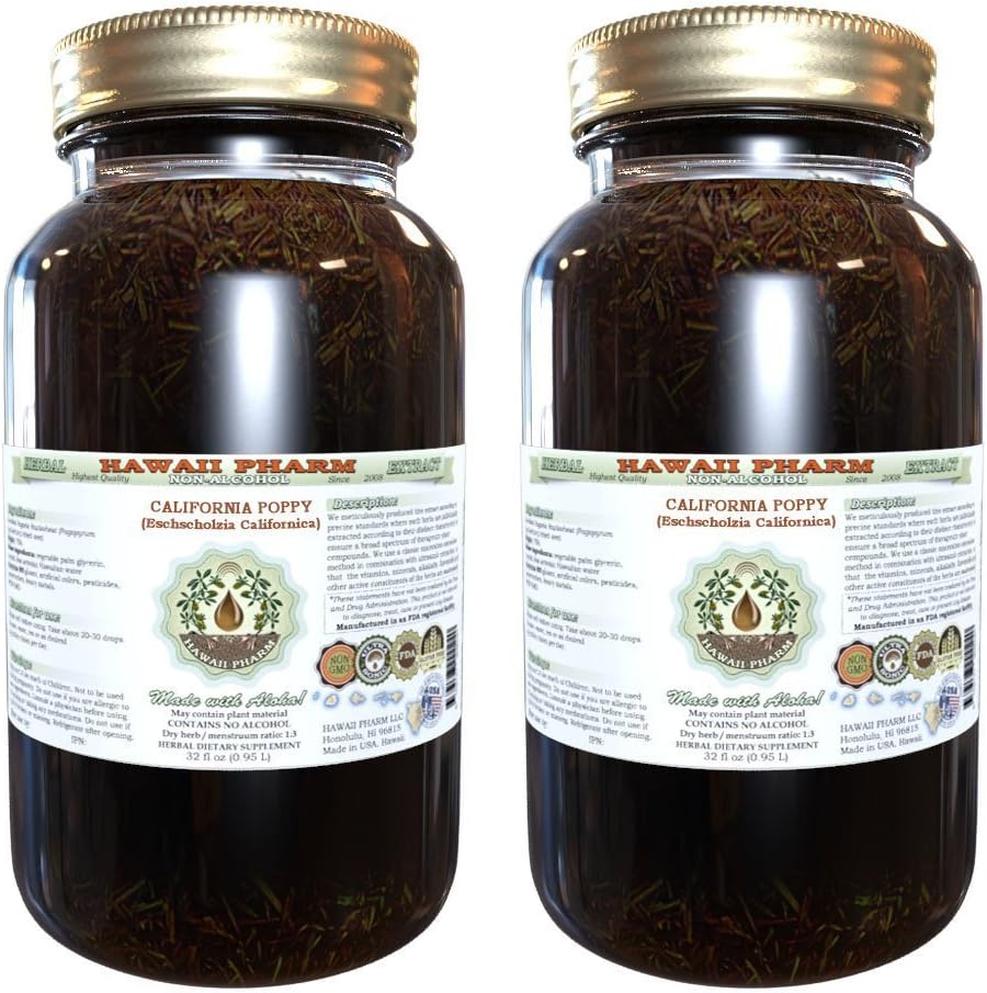 Hawaii Pharm California Poppy Alcohol-Free Liquid Extract, California Poppy (Eschscholzia Californica) Seed Glycerite Natural Herbal Supplement 4x4 oz