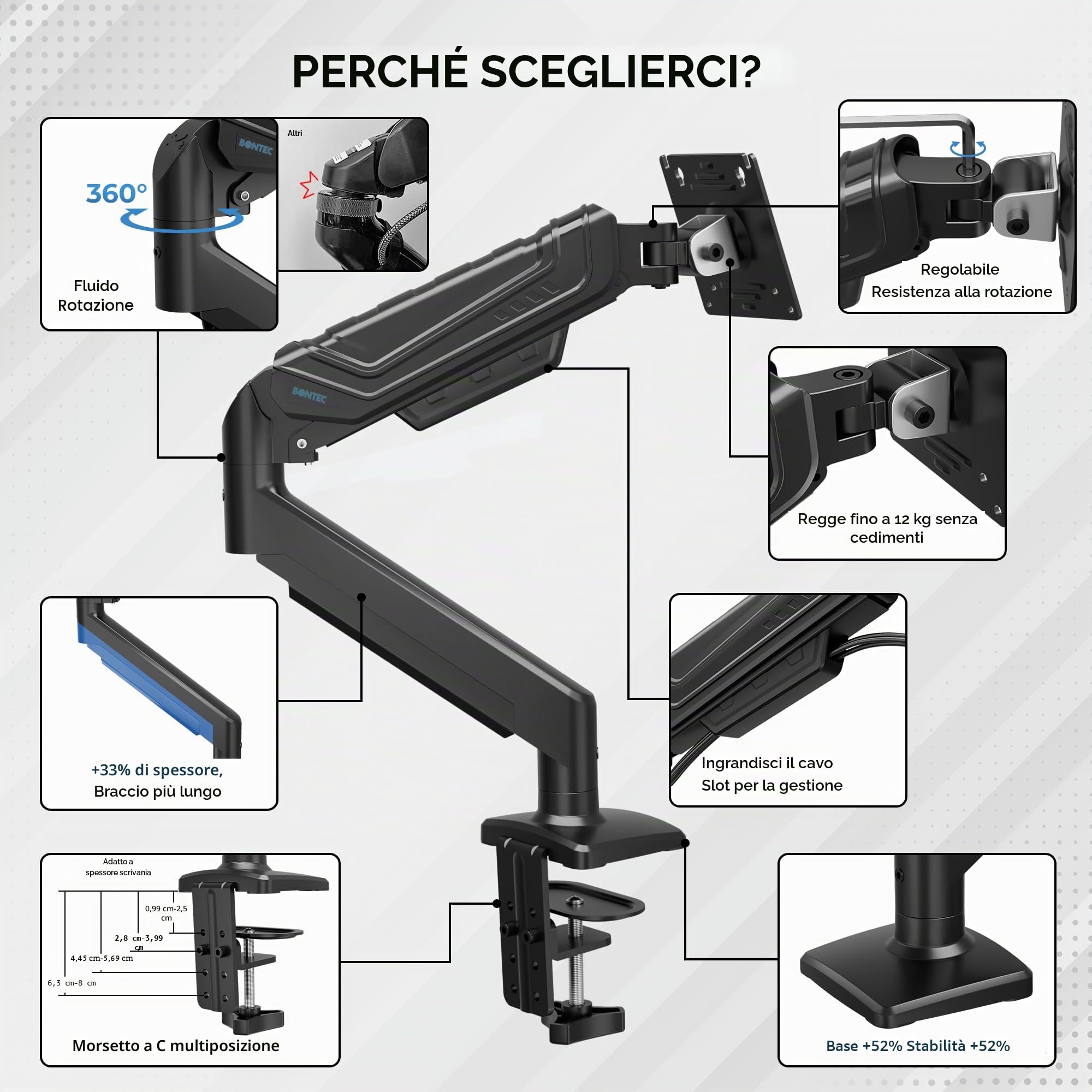 BONTEC Supporto Monitor da Scrivania 15-34 Pollici, Braccio Monitor a Gas Ergonomico Fino a 12 KG, Vesa 75x75 100x100, Inclinazione Rotazione Altezza Regolabile, Staffa Stabile con Gestione Cavi