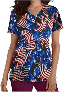 Nurse Shirts for Women Short Sleeve Working Uniform 4th of July Independence Day Print Scrub_Top Pocket Blouse