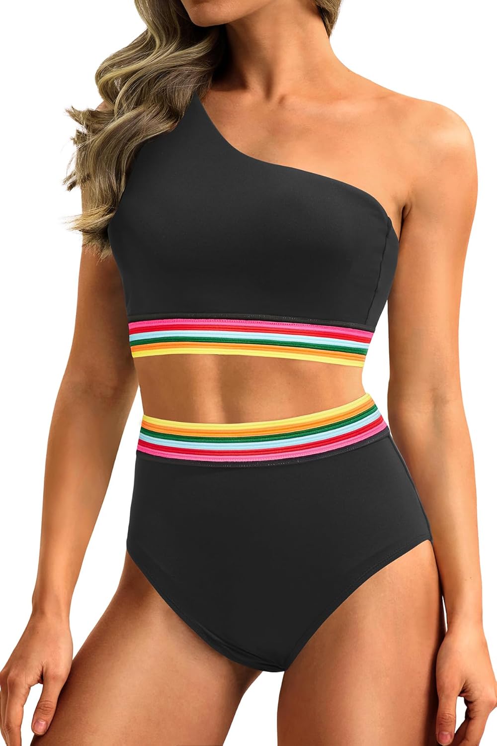 Holipick Women One Shoulder High Waisted Bikini Sets Two Piece Swimsuit Tummy Control Bathing Suit Full Coverage Swimwear - Image 3